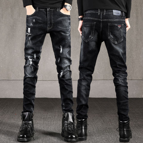 Pantalones vaqueros elásticos gruesos rasgados para hombre, Jeans ajustadas coreanas atadas al tobillo, Vaqueros rasgados para hombres, ropa Punk de otoño e invierno ► Foto 1/5