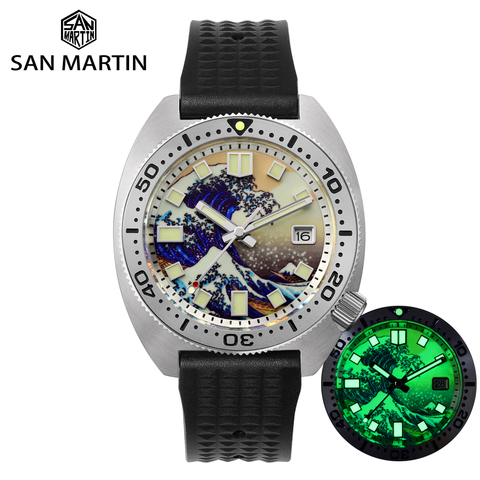 San Martin Diver 6105 tortuga 3D estampado completo luminoso Kanagawa surf Dial NH35 mecánico automático hombres reloj zafiro Fecha ► Foto 1/6