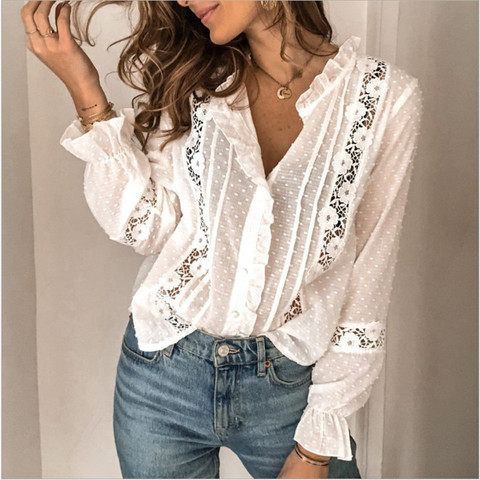 Blusa holgada informal de manga larga para Otoño y otoño, camisa blanca estilo Vintage para mujer, con encaje ► Foto 1/5