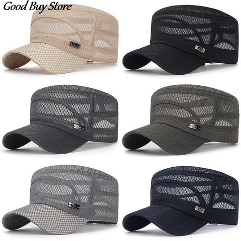 Sombreros de sol ajustables para hombre, gorra de béisbol de malla, informal, plana, transpirable, con cierre trasero, ropa de calle de verano, camionero ► Foto 1/6