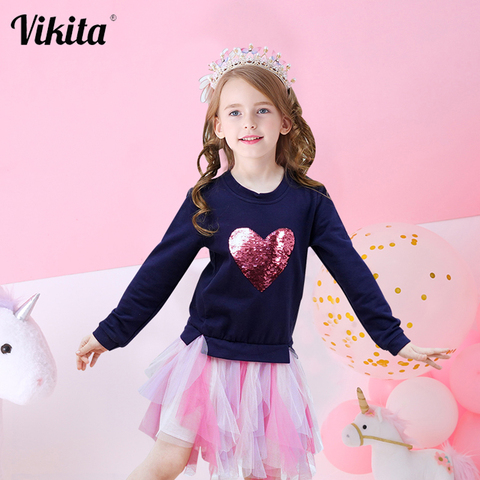 VIKITA-Vestidos con corazones para niños, Vestidos de manga larga de otoño, vestido informal de niños pequeños, Vestidos de tul de malla ► Foto 1/6