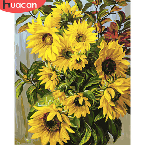 HUACAN-dibujo de girasoles por números sobre lienzo, Kits de arte pintados a mano, regalo, pintura al óleo artesanal, decoración del hogar ► Foto 1/6