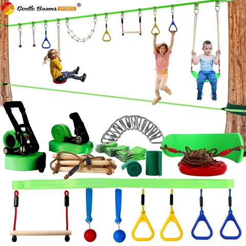 Ninja Warrior Line-Curso de obstáculos para colgar para niños, Kit de cuerda para Slackline de 56 pies, equipo de entrenamiento, anillos gimnásticos, Verde ► Foto 1/6