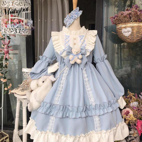 Motybot-vestido elegante de Lolita, ropa de boda de manga larga, color azul, con oso marrón, otoño e invierno, 2022 ► Foto 1/6