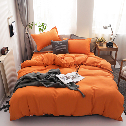 Juego de ropa de cama de color sólido y naranja para invierno, Sábana plana de lino, funda de edredón, funda de almohada, queen, individual, 3 / 4 Uds. ► Foto 1/6