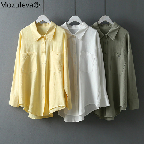 Mozuleva-camisas blancas básicas para mujer, blusa con cuello vuelto, bolsillos dobles, para oficina, primavera y verano, 2022 ► Foto 1/6