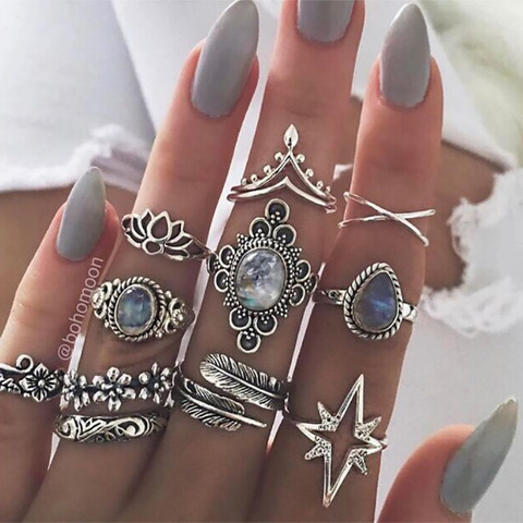 11 unids/set Boho anillos Midi de nudillos de mujer pluma de cristal Lotus estrella vintage anillo de dedo joyería para fiesta y boda ► Foto 1/6