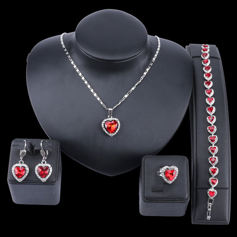 Gran descuento corazón colgante collar brazalete pendientes anillo conjunto de cristal rojo de moda 4 Uds conjunto de joyería mejor regalo para la madre esposa ► Foto 1/6