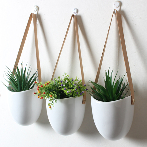 Conjunto de 3 colgante de cerámica macetas para suculentas aire macetas para plantas y flores con correa de cuero pared macetas casa jardín decoración ► Foto 1/6