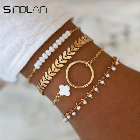 Sindlan-Moda Antigua de 4 Uds. De cuentas de diamantes de imitación blancos para mujer, brazaletes Vintage dorados geométricos, conjunto de brazaletes bohemios, joyería ► Foto 1/6