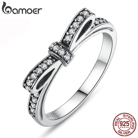 BAMOER HOT 925 plata esterlina nudo arco brillante anillo apilable Micro pavimentar CZ para las mujeres regalo del Día de San Valentín joyería PA7104 ► Foto 1/4