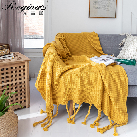 Mantas de lujo de punto a mano para cama, manta de tela escocesa tejida a mano, cálida, suave, verde, amarillo, gris y rosa decoración casera de otoño estilo nórdico colcha de cama moda ponible acogedor colcha sofa ► Foto 1/6