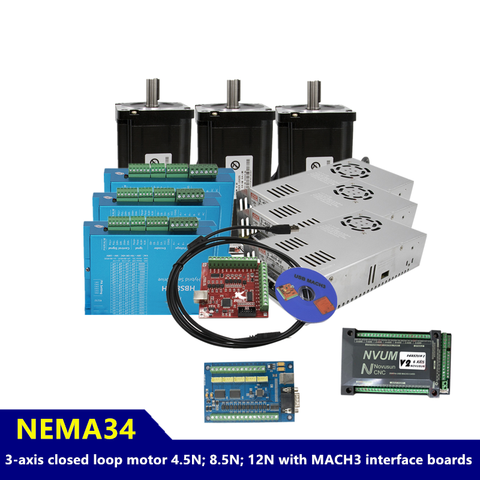 Kit de motor de 3 ejes: 12N 8.5N 4.5N cnc nema 34, servomotor paso a paso de bucle cerrado con juego de controlador + placa MACH3, interfaz USB o Ethernet ► Foto 1/6