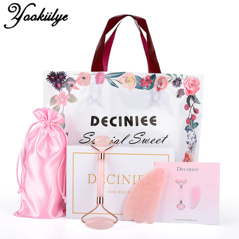 Deciniee-Rodillo de Jade de cuarzo rosa Gua Sha, conjunto de remodelación de cara, masajeador Facial, rodillo efecto Lifting, rodillo de Jade Natural con bolsa de regalo ► Foto 1/6