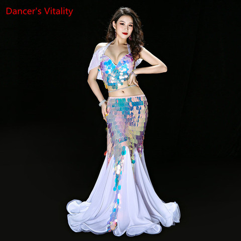 Ropa de danza del vientre vestido largo Sexy de sirena lentejuelas para mujer trajes de danza del vientre Oriental en venta trajes de baile sujetador + falda traje ► Foto 1/5