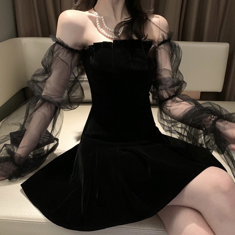 Vestido gótico Sexy Vintage con hombros descubiertos, funda para linterna de malla de retazos, Mini vestido de terciopelo, calle oscura, Grunge, negro ► Foto 1/6