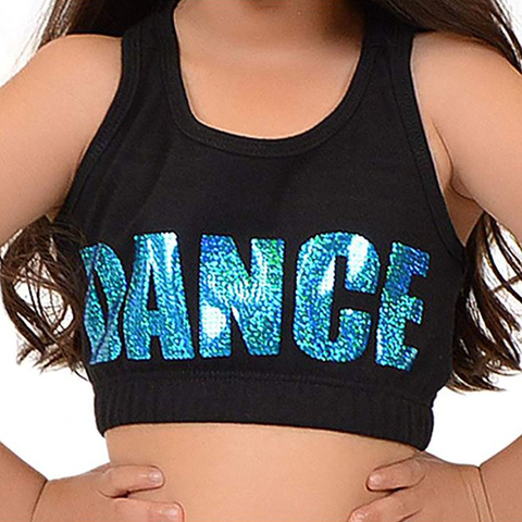 FEESHOW-Camiseta de baile con letras brillantes para niñas, Top corto estampado gimnasia deportiva, Tops de Ballet, puesta en escena, disfraz de baile ► Foto 1/6