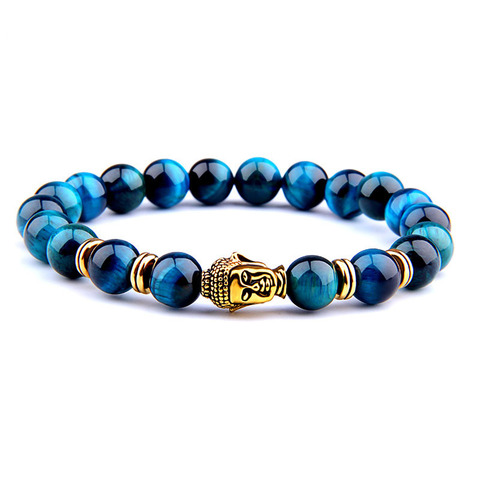 AAAAA-pulsera de cuentas azules de ojo de tigre para hombre y mujer, pulseras del abalorios elásticas de Buda de piedra Natural, joyería 2022 ► Foto 1/6