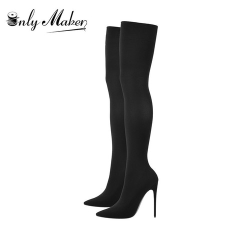 Onlymaker las mujeres de 12cm de alto tacón puntiagudo Toe Stiletto botas tipo calcetín elástico sobre la rodilla medias botines Pumps de talla grande ► Foto 1/6