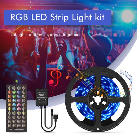 Tira de luces led RGB flexible, iluminación de diodos SMD, cinta de 5/10/15/20 m, con adaptador de corriente de 12V y control remoto de música, 5050 ► Foto 1/6