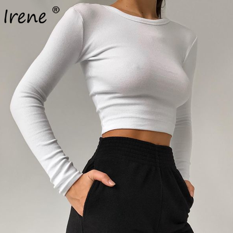 Irene-Camiseta de manga larga con cuello redondo acanalada para mujer, Tops cortos sexys para mujer, Camisetas básicas informales ajustadas en blanco y negro para primavera 2022 ► Foto 1/6