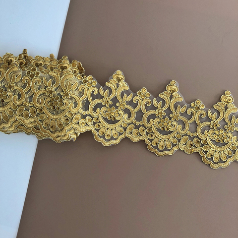 Delicado 1 yarda de oro bordado de lentejuelas ajustes de encaje de malla DIY de lujo flores apliques tejido de encaje para ropa para los vestidos de boda ► Foto 1/6