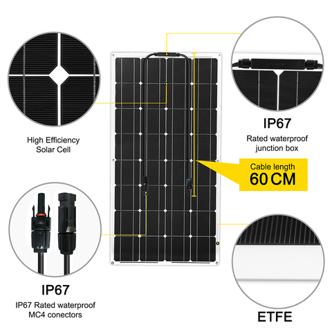 Dokio-Panel solar para auto o bote de alta calidad, batería solar de 12V 100W para coche o barco, flexible con cable de 60cm, a prueba de agua y celdas solares de alta eficiencia ► Foto 1/6