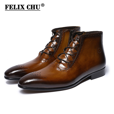 FELIX CHU 2022 Diseño de Moda de cuero genuino de los hombres botas de tobillo alto Zip Top de encaje vestido Zapatos negro marrón hombre botas básicas ► Foto 1/6