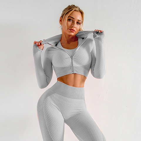 Conjunto de sujetador de yoga de entrenamiento sin costuras Deporte femenino Traje de gimnasia Ropa de correr Ropa de mujer Fitness Traje de yoga Ropa de yoga de manga larga ► Foto 1/6