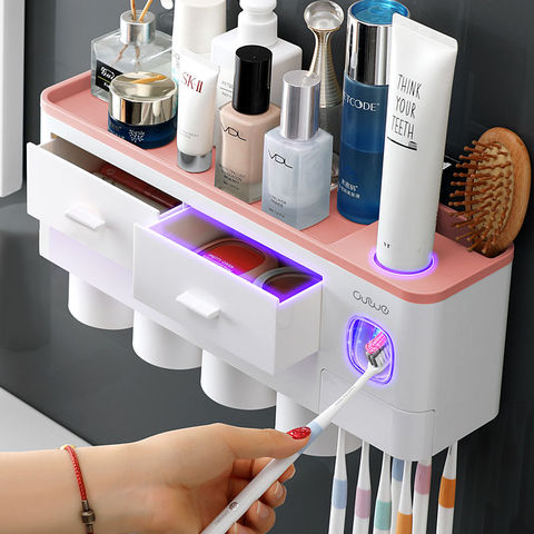 Set organizador de accesorios para baño, soporte automático para cepillos de dientes, dispensador de pasta de dientes, soporte para montaje en pared, juego de herramientas ► Foto 1/6