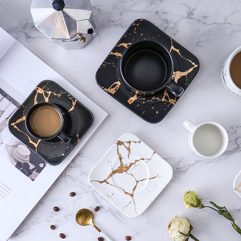 Tazas de cerámica de mármol de lujo, conjuntos de taza y platillo, taza de la mañana, leche, café, té, taza de porcelana para el desayuno con bandeja, envío directo ► Foto 1/6