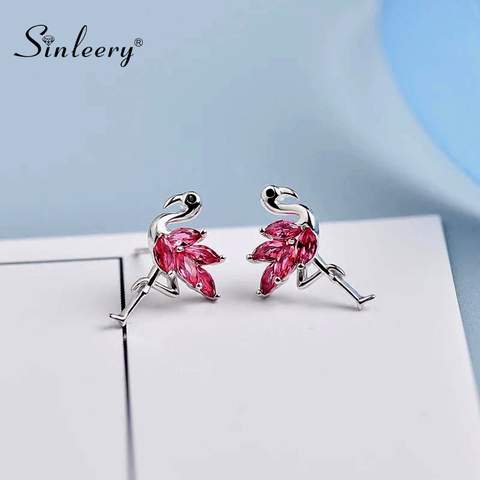 SINLEERY Cute Pink Cubic Zirconia flamencos pendientes color plata Animal joyería para mujeres boda pequeño pendiente ES258 SSH ► Foto 1/6