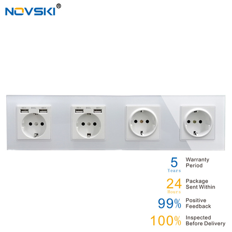 Toma de corriente de pared con Panel de cristal y conexión a tierra, toma de corriente de 16A, color blanco, 5 años de garantía, USB 3, 4 entradas, UE, Alemania ► Foto 1/6