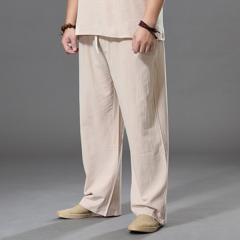 Pantalones de gran tamaño de los hombres de verano de algodón de alto Tallas grandes de pierna ancha, pantalones de lino de gran tamaño Jogger Pantalones Hombre de talla grande pantalones de los hombres ► Foto 1/6