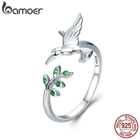 BAMOER, auténtico pájaro de Plata de Ley 925 y hojas de árbol de primavera, anillos de dedo de tamaño abierto para mujeres, joyería de plata esterlina SCR323 ► Foto 1/5