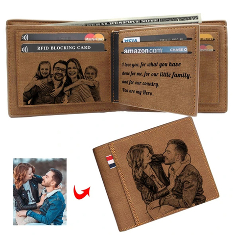 Billetera de cuero PU con grabado de imagen, billetera de cuero PU con grabado de foto personalizado plegable, regalos de Festival para él, cartera personalizada ► Foto 1/6