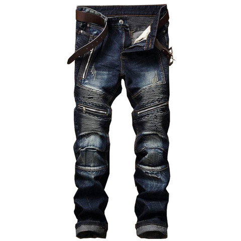 Newsosoo hombres plisado de pantalones vaqueros de corte Slim de marca de diseñador de la motocicleta, pantalones de Denim para hombre recto lavado Multi cremallera ► Foto 1/4