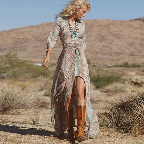 TEELYNN-Vestido largo bohemio de gasa con estampado floral para verano, traje Hippie con estampado de flores, manga tres cuartos y cuello en V, 2022 ► Foto 1/6