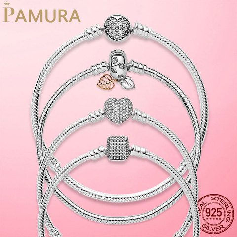 Romántico-pulsera de plata de ley 925 brillante con corazón y cierre Cadena de serpiente para mujer, accesorio para manualidades, dije bisutería de abalorios ► Foto 1/6