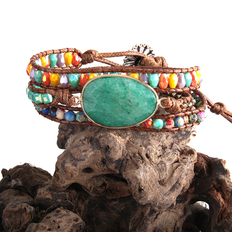 Brazalete de cuero RH con cuentas, piedras naturales, color verde/morado, 3 hebras ► Foto 1/5