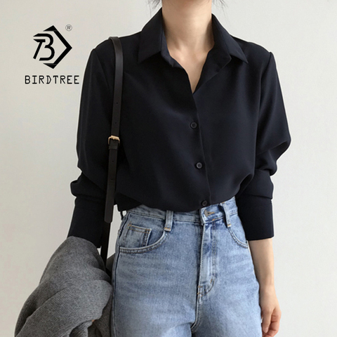 Novedad de verano Mujer llegada de un sólido negro de gasa manga larga Blusa Casual Camisa mujeres coreano estilo BF Chic Tops femenina Blusa T0 ► Foto 1/6