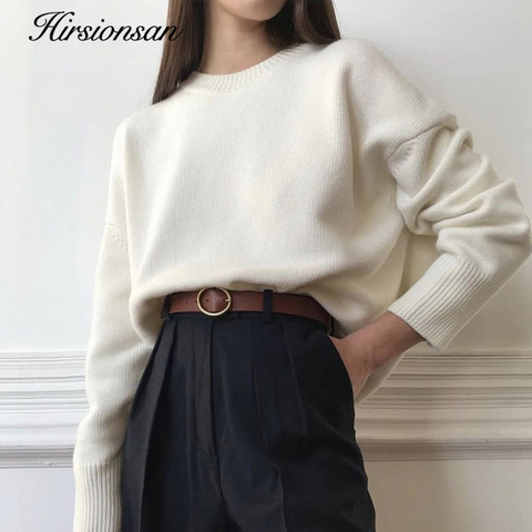 Hirsion-suéter holgado de gran tamaño para mujer, jersey básico de punto elegante, cuello redondo, suave, de Cachemira, para invierno, 2022 ► Foto 1/6