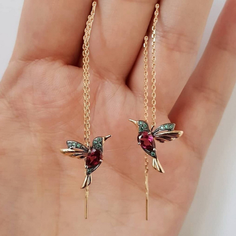 Pendientes largos únicos con colgante de pájaro, aretes con borla de cristal, diseño de joyería para mujer, 2 colores, pendiente con motivo de colibrí, 1 par ► Foto 1/4