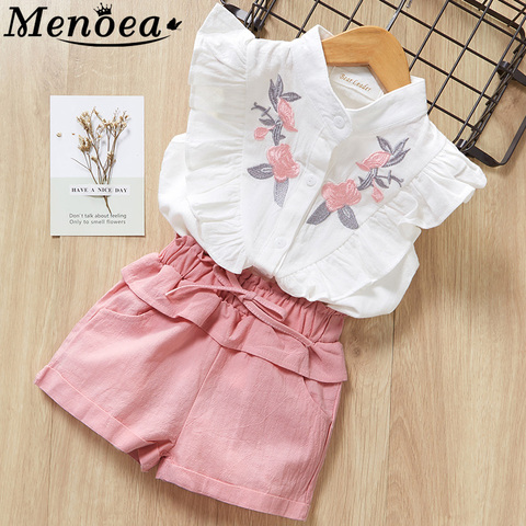 Menoea, trajes para niñas, verano 2022, estilo para niños, flores bonitas, manga, niños, cuello redondo, ropa, pantalones cortos, traje, 2 uds, ropa ► Foto 1/6