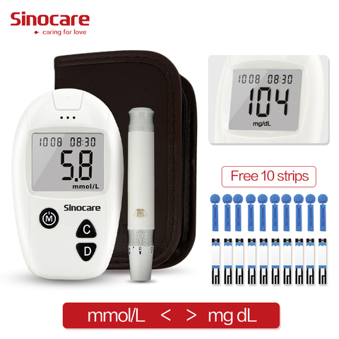 SINOCARE medidor de glucosa en sangre Safe Accu con 10 tiras de prueba gratuitas y lancetas para diabéticos, personas mayores, monitor de glucosa en sangre ► Foto 1/4