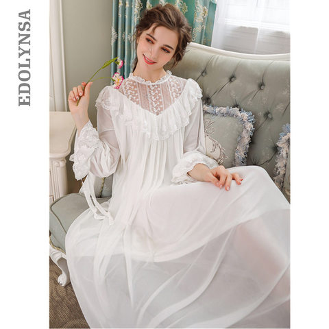 Vestido de novia victoriano para mujer, ropa de dormir de otoño, camisón de manga larga de encaje rosa, Camisón de algodón blanco, mujer T313 ► Foto 1/6