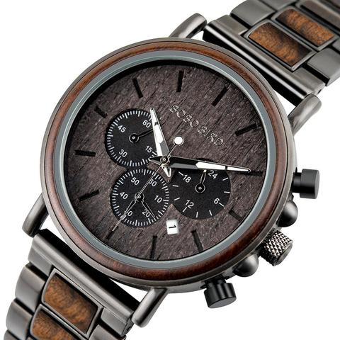 BOBO BIRD reloj de madera de lujo de acero inoxidable para hombre reloj de madera con estilo reloj de cuarzo cronógrafo reloj masculino regalo para hombre ► Foto 1/6