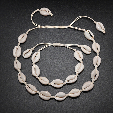 Conjunto de collar y pulsera de conchas naturales para mujer, Gargantilla de conchas de Mar, Playa, Bohemia, tobillera de conchas, joyería hecha a mano de verano ► Foto 1/6