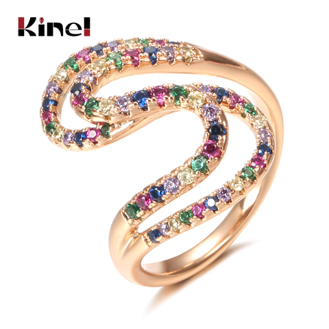 Kinel-Anillo de ondas geométricas para mujer, sortija de dedo de color oro rosa, circonita colorida del arco iris para mujer, joyería de cristal para bodas, regalo 585 ► Foto 1/6