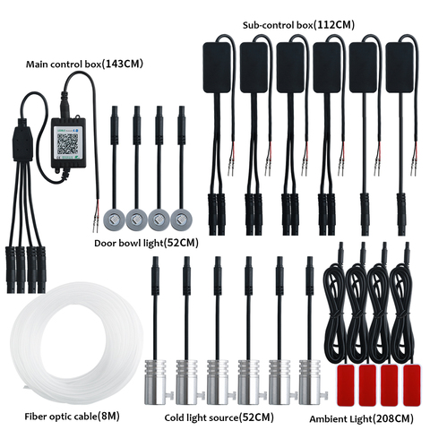 Tira de luces LED de fibra óptica para decoración Interior de coche, iluminación ambiental RGB 10 en 1 Universal con 8M, Control por aplicación, ambiente decorativo de 12V ► Foto 1/6